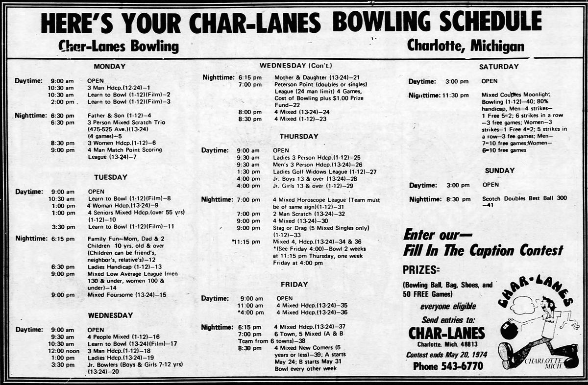 Char Lanes - March 1974 Schedule